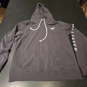 Hollister Men's Gray Pullover Hoodie Size Large Logo Sleeve Kangaroo Pocket
